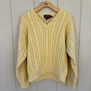 Vintage Eddie Bauer Cable Knit Sweater Women's XL Yellow V-Neck Coastal Cottage